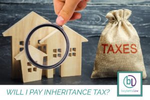 Wooden houses being viewed through a magnifying glass next to a sack of money with taxes written on it image for Will I pay Inheritance Tax blog