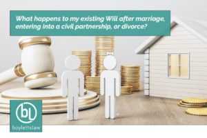 Illustration of couple outside a white house with a pile of coins and a gavel image for what happens to my will after marriage or divorce blog